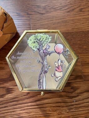 Gold Hexagonal Glass Keepsake Box with Pink Balloon Winnie-the-Pooh Illustration